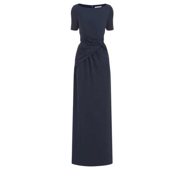Kay Unger Garbo Gathered Column Gown Short Sleeve Carbon Blue Size 8 - Picture 4 of 14